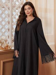 Al Najma Plus Size Arabic Style Lapel Collar Long Dress, Modest Elegant Abaya Arabian Dresses, For Casual Daily - Black - View 3