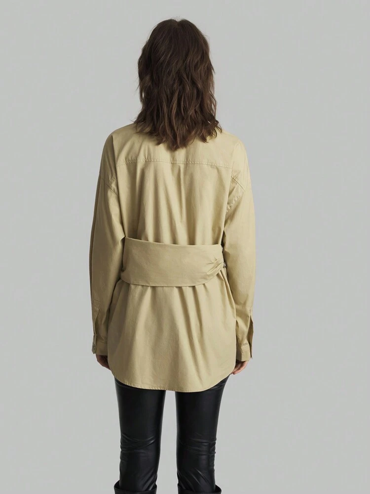 Women's Cotton Khaki Button-Up Loose Wrap Casual Shirt, Simple Design, Long Sleeve, Autumn