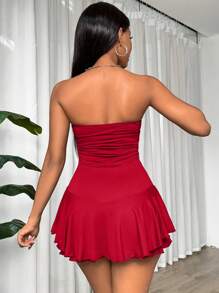 Zolique 褶皱下摆露肩连体裤新年服装 - 紅色 - 查看 2