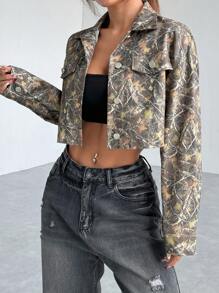 SHEIN EZwear Women's Fashion Plant Print Cropped Jacket For Autumn - Army Green - View 5