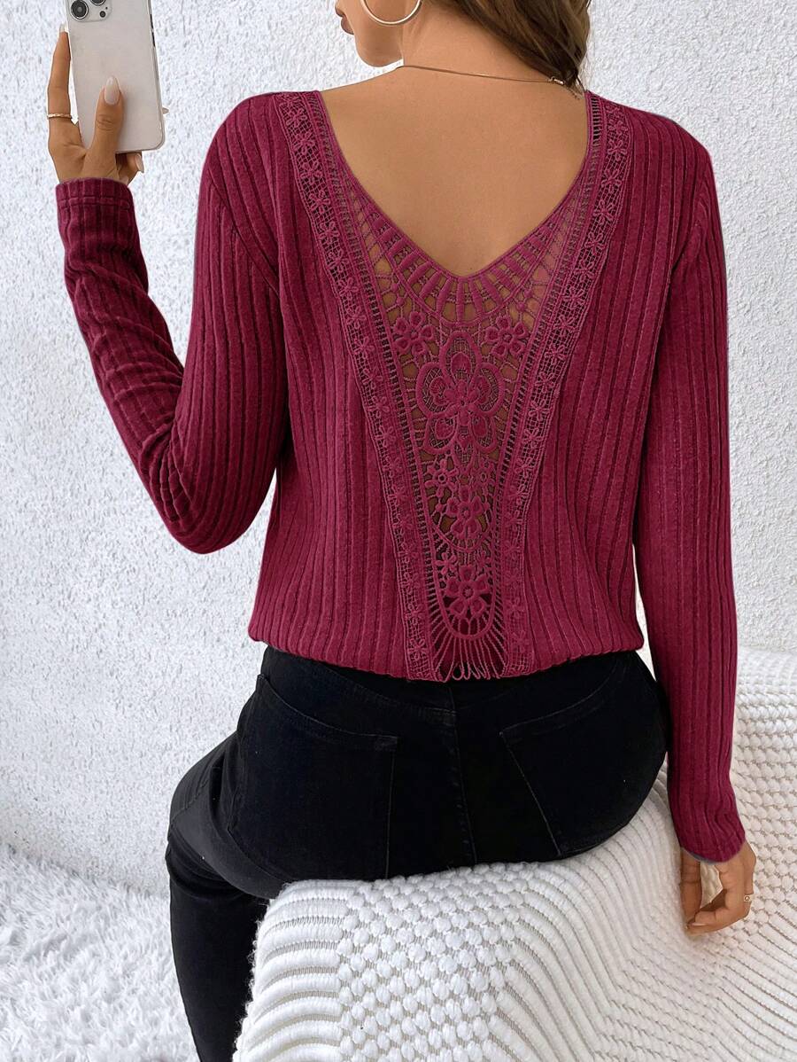 SHEIN Frenchy Women Solid Color Lace Splice Ribbed Long Sleeve Casual T-Shirt, Autumn - Burgundy - View 1