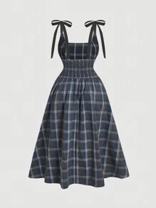 SHEIN MOD Plus Size Green Retro Plaid Dress With Bow Shoulder Strap - Royal Blue - View 5
