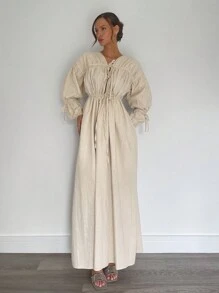 Siren Gaze Autumn&Winter Women New Pleated Tie-Waist Super Long Dress With Wide Hem, 100% Cotton Loose Casual Long Dress For Women,Fall Women Dresses,Formal Women Dresses,Elegant Women Dresses,Holiday Dress,Thanksgiving Dress,Cotton Linen Women's Dress - Apricot - View 1