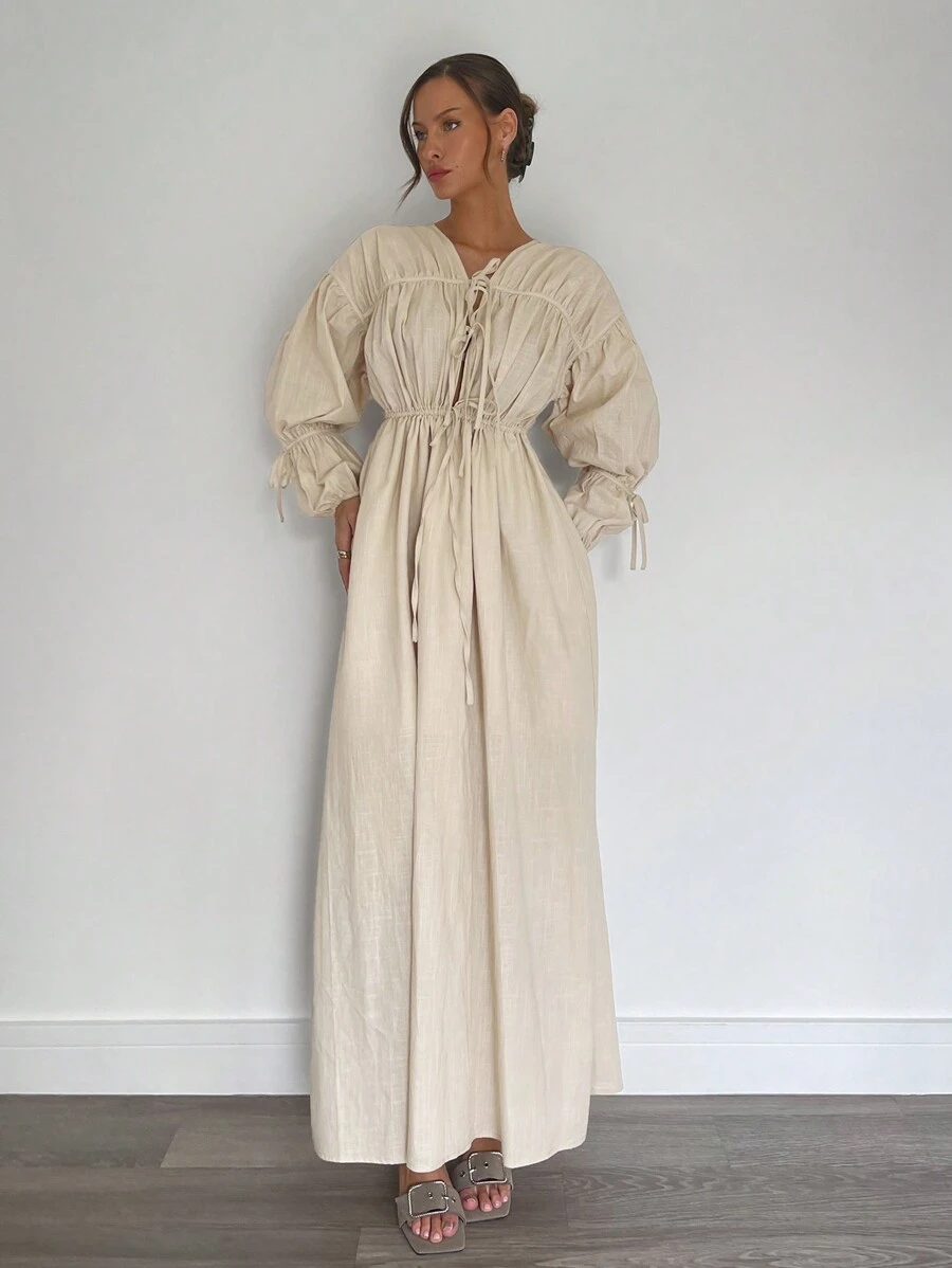 Siren Gaze Autumn&Winter Women New Pleated Tie-Waist Super Long Dress With Wide Hem, 100% Cotton Loose Casual Long Dress For Women,Fall Women Dresses,Formal Women Dresses,Elegant Women Dresses,Holiday Dress,Thanksgiving Dress,Cotton Linen Women's Dress - Apricot - View 1