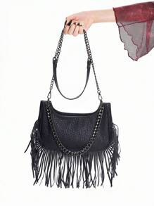 ROMWE Goth Women's Retro Punk Style Tassel Shoulder Bag High-End Fashion Street Casual Commuter Chain Underarm Bag - Black - View 4
