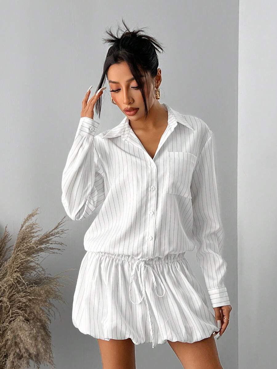SHEIN SXY Vestido camisero minimalista y profesional con cuello blanco, estilo sexy y lindo a rayas para otoño/invierno - Blanco - Ver 1