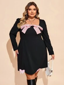 SHEIN CURVE+ Curve Plus Size Pink Bow Front Puff Sleeve Curved Hem Black Dress, Autumn Valentine's Day Christmas Party
