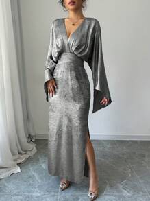 Elenzga Đầm Maxi Tay Dài Cổ Chữ V Quấn Quanh Hở Tay Màu Trơn Cho Nữ Trang Phục Nữ - Bạc - Xem 7