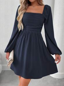 EMERY ROSE Vestido casual de manga farol de unicolor para mujer, otoño - Azul Marino - Ver 7