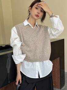 DAZY Damski sweter-kamizelka w jednolitym kolorze z dekoltem w serek, na wiosnę/jesień, na powrót do szkoły