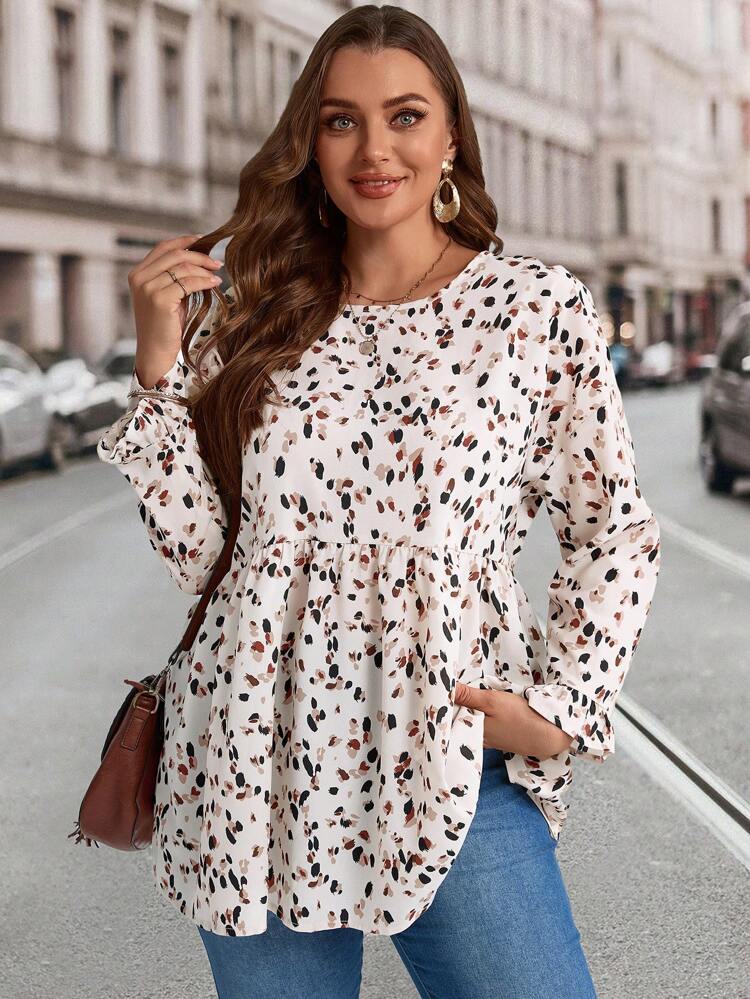 Plus Size Women Allover Print Round Neck Bell Sleeve Loose Babydoll Shirt,  Women Clothes,Spring/Summer/Vacation
