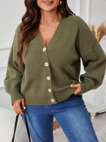 SHEIN VCAY Plus Size Plain Front Button Long Sleeve Casual Cardigan, Winter - Army Green - View 6