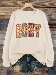 SHEIN LUNE 感恩节圆领卫衣，女士加大码圆领卫衣，印有标语图案，适合秋冬季毕业季、返校季、教师秋季套头衫