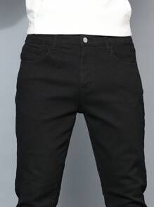Manfinity Homme Plus Size Men Fashion Casual Versatile Slant Pocket Denim Jeans, Slim Fit Dark Jeans Long Plain Black Washed Cargo Jeans, For Husband, Boyfriend Gifts
