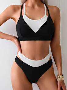 New Design Color Block Sexy Ribbed 2 In 1 Bikini Set Summer - Black and White - View 3