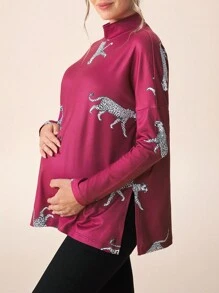 SHEIN Camiseta de manga larga con hombros caídos y estampado de leopardo rojo para maternidad, talla pequeña - Multicolor - Ver 8
