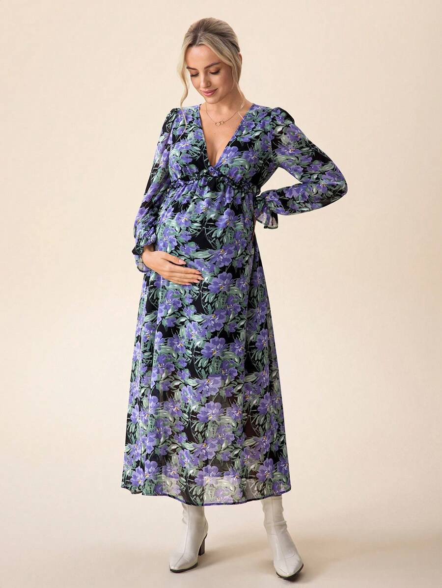SHEIN 孕妇V领荷叶边长袖花卉印花连衣裙