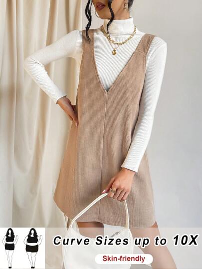 SHEIN CURVE+ 大码纯色 V 领连衣裤（不含毛衣）