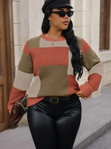 Calvaya Plus Size Crew Neck Long Sleeve Patchwork Minimalist Casual Pullover Sweater, For Winter Knit Pullover Fall - Burnt Orange - View 1