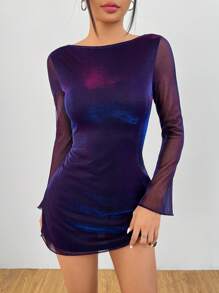 SHEIN PETITE 交响乐网布露背长袖迷你女式派对连衣裙 - 紫色 - 查看 7