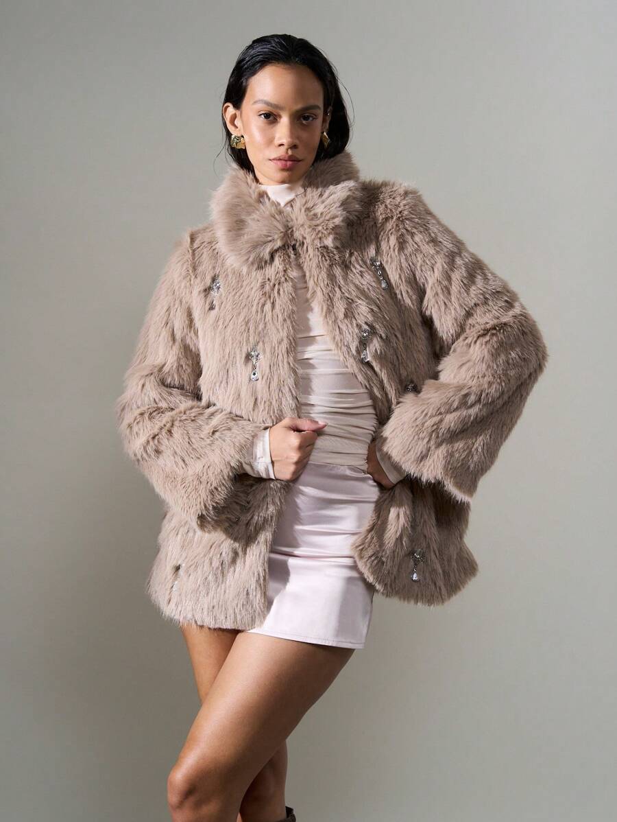 AiiRZ Luxury Faux Fur Winter Coat With Crystal Embellishments Glamorous Evening Occasion Party Long Sleeve Plush Statement Outerwear Fall Holiday Gift - Camel - View 1