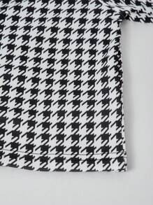 Tween Girl Houndstooth Print Button Front Long Sleeve Jacket + White Camisole + Black Flare Leg Pants Elegant 3Pcs Set - Black - View 7