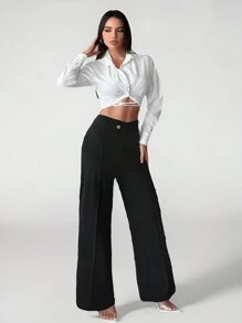 SHEIN Tall Quần ống đứng cạp trễ không đối xứng thanh lịch cho nữ - màu đen - Xem 4