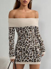 SHEIN Unity 1pc Sexy Leopard Print Off Shoulder Sweater Dress Fall Cloth For Women - Multicolor - View 6