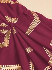 SHEIN Unity 大码女式波浪条纹重叠 V 领灯笼袖裹身优雅连衣裙酒红色女装 - 酒紅色 - 查看 6