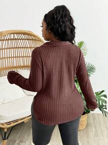 Slaydiva Plus Size Women Ribbed Collar Long Sleeve Fitted Polo Top With Faded Rose Print, Casual Basics - C