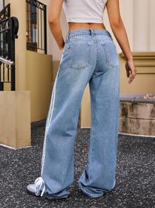 女式侧条纹直筒宽松休闲牛仔裤，Y2K 风格织带蝴蝶结 - 淺色水洗藍 - 查看 2
