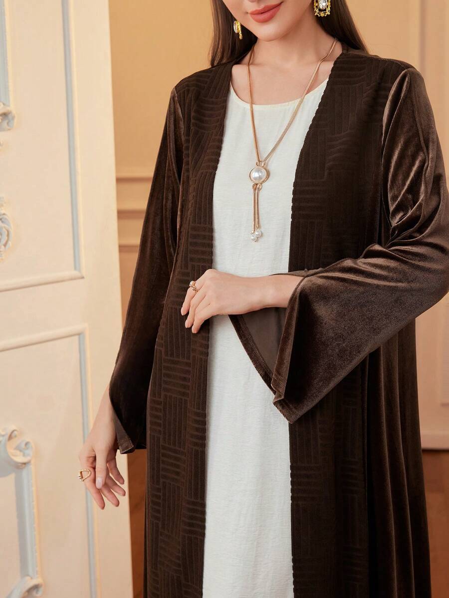 Al Najma 女士秋冬长款宽松天鹅绒拼布毛圈提花和服开衫 - 咖啡棕 - 查看 1