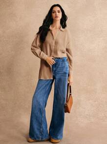 Poéselle 100% Cotton Drop Shoulder Solid Longline Shirt Summer Tops Vacation Clothes - Brown - View 5