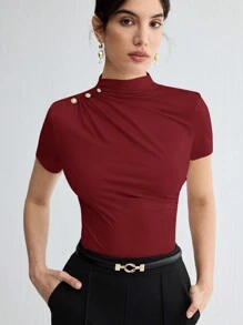 BizChic Femmes T-shirt plissé à manches courtes de couleur unie élégant, tenue décontractée chic pour dames, enseignantes, bureau, écTop haut basique