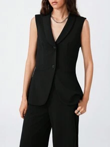 LYSMO Women Solid Color Fitted Vest And Loose Straight Leg Pants 2 Pieces Suit - Black - View 4