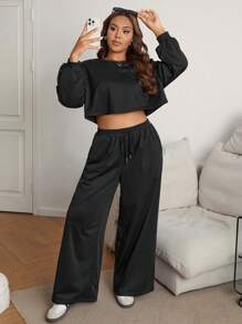SHEIN EZwear Plus Size Solid Color Crew Neck Long Sleeve Simple Top And Pants Casual Two-Piece Sets - Black - View 6