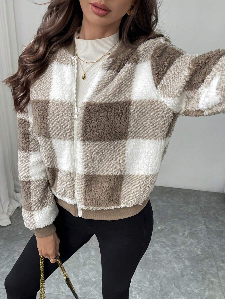 SHEIN Privé 女式格子羊毛拉链棒球夹克，秋冬款 - 棕色 - 查看 1