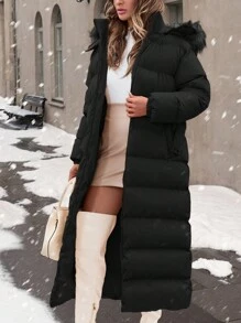 EURMUSE Women's Faux Fur Hooded Utility Padded Warm Long Puffer Winter Coat - Black - View 5