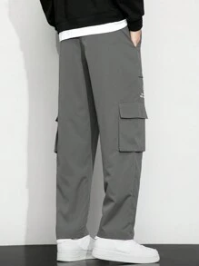 Manfinity Hypemode Loose Fit Men's Slogan Graphic Flap Pocket Side Drawstring Waist Cargo Pants - Dark Grey - View 2