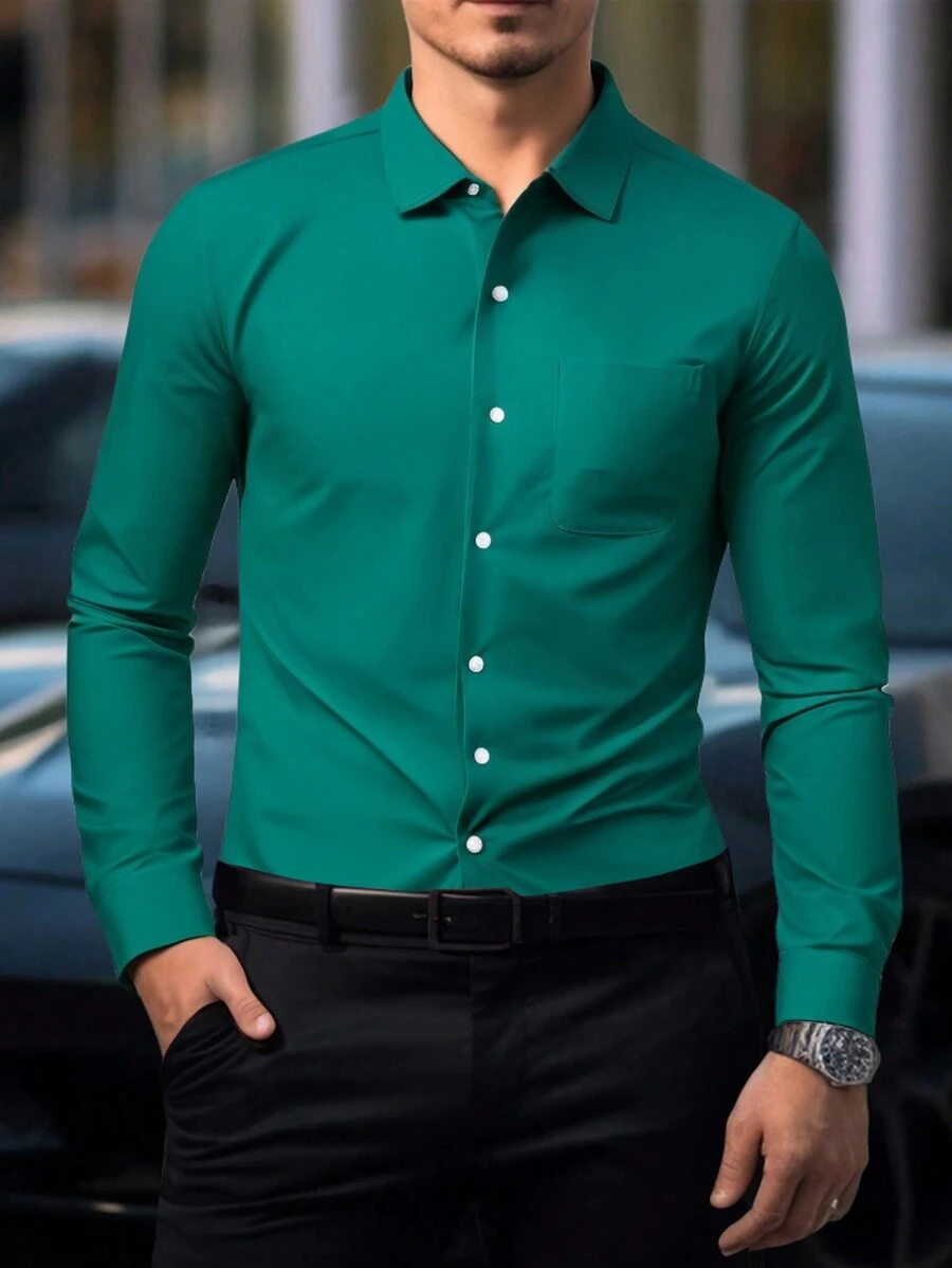 Calvornis Áo thun nam tay dài cài nút phía trước màu trơn, đơn giản, mặc hàng ngày - Màu xanh lá cây đậm - Xem 1