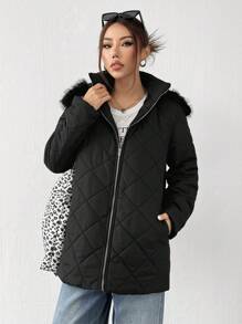 SHEIN EZwear 冬季新款黑色绗缝可拆卸蓬松连帽棉服外套 - 黑色 - 查看 6