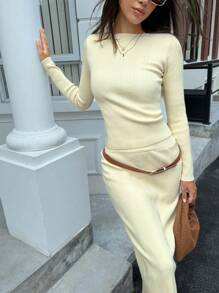 INAWLY 2pcs Women Casual Ribbed Knit Top & Pencil Skirt Sweater Set For Autumn/Winter - Yellow - View 5