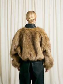 AiiRZ Luxurious Faux Fur Bomber Jacket With Zip Front Funnel Neck Winter Casual Outerwear Lined Cropped Puffer Fashion Statement Piece - Brown - View 2