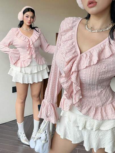 Flirla Plus Size Elegant French Style Ruffled Flared Sleeve Blouse Women Shirt Fall Cloth For Women