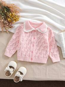 SHEIN Vintaside Kids Baby Girls Pink And White Cardigan With Oversized Cute Family Matching Collar, Solid Color Ruffle Hem, Soft Knit, Suitable For Autumn/Winter - Pink - View 2