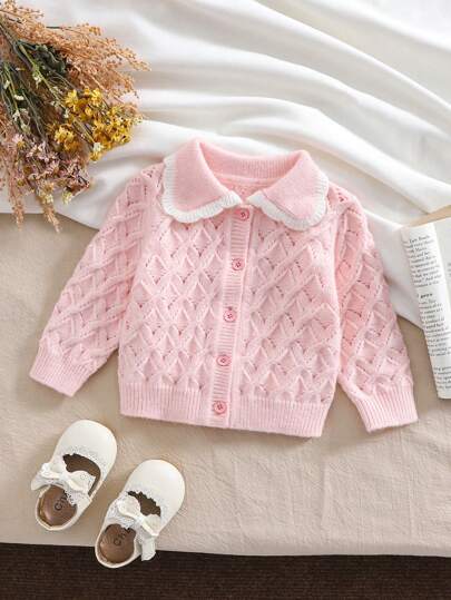 SHEIN Vintaside Kids 女婴粉色开衫，超大领子，粉色纯色，白色荷叶边下摆，柔软针织，适合秋冬季