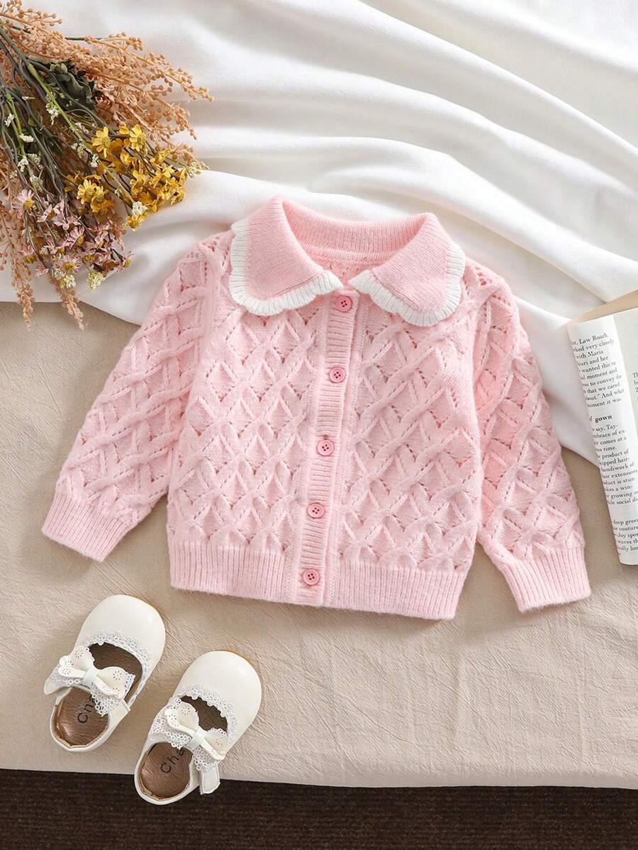 SHEIN Vintaside Kids Baby Girls Pink And White Cardigan With Oversized Cute Family Matching Collar, Solid Color Ruffle Hem, Soft Knit, Suitable For Autumn/Winter