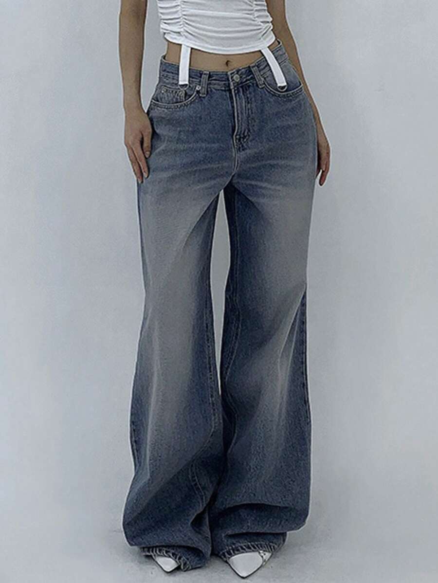 DAZY 女士时尚休闲水洗斜口袋宽松阔腿牛仔裤 - 中等水洗藍 - 查看 1