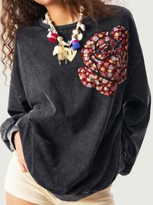 Bohemela Casual Solid Color Knit Round Neck Long Sleeve Floral Print Women Sweatshirt - Black - View 6