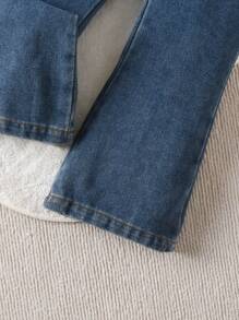 SHEIN Genkimix Kids 三件套少女套装：优雅休闲荷叶边背心和长袖衬衫上衣搭配喇叭牛仔裤，适合春秋季穿着，新品上市